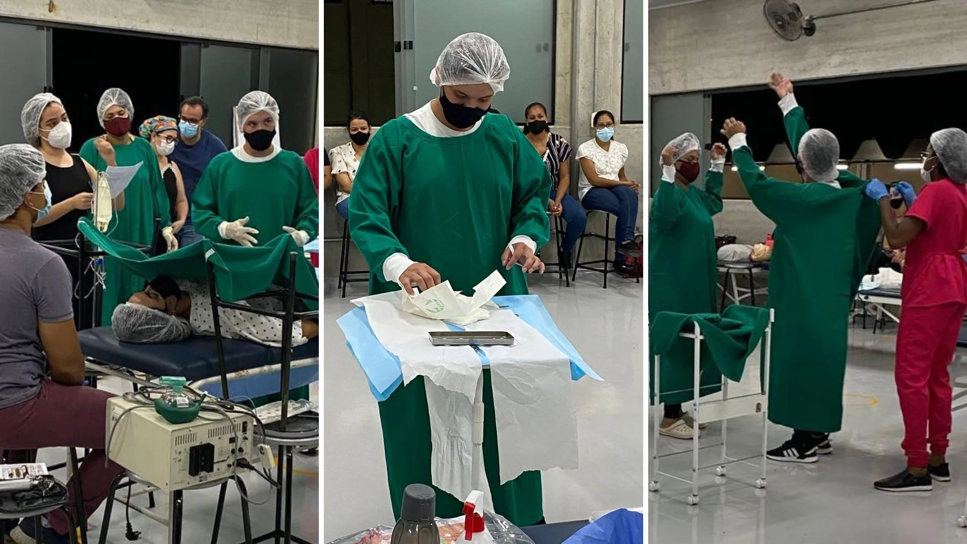 A imagem mostra os alunos do curso de Enfermagem vestidos a caráter durante a simulação de Time Out.